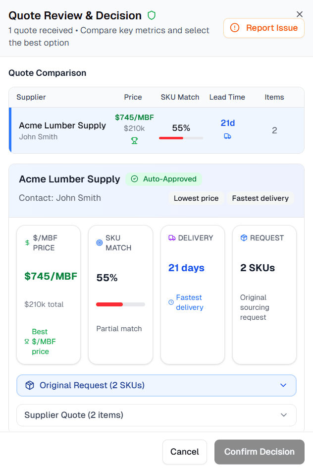 AI agent delivering landed-cost briefings and quote analysis