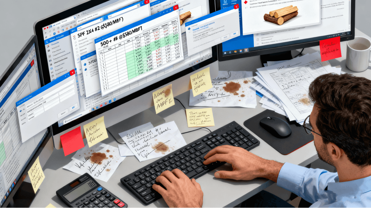 Cluttered email inbox showing disorganized lumber quotes and procurement emails