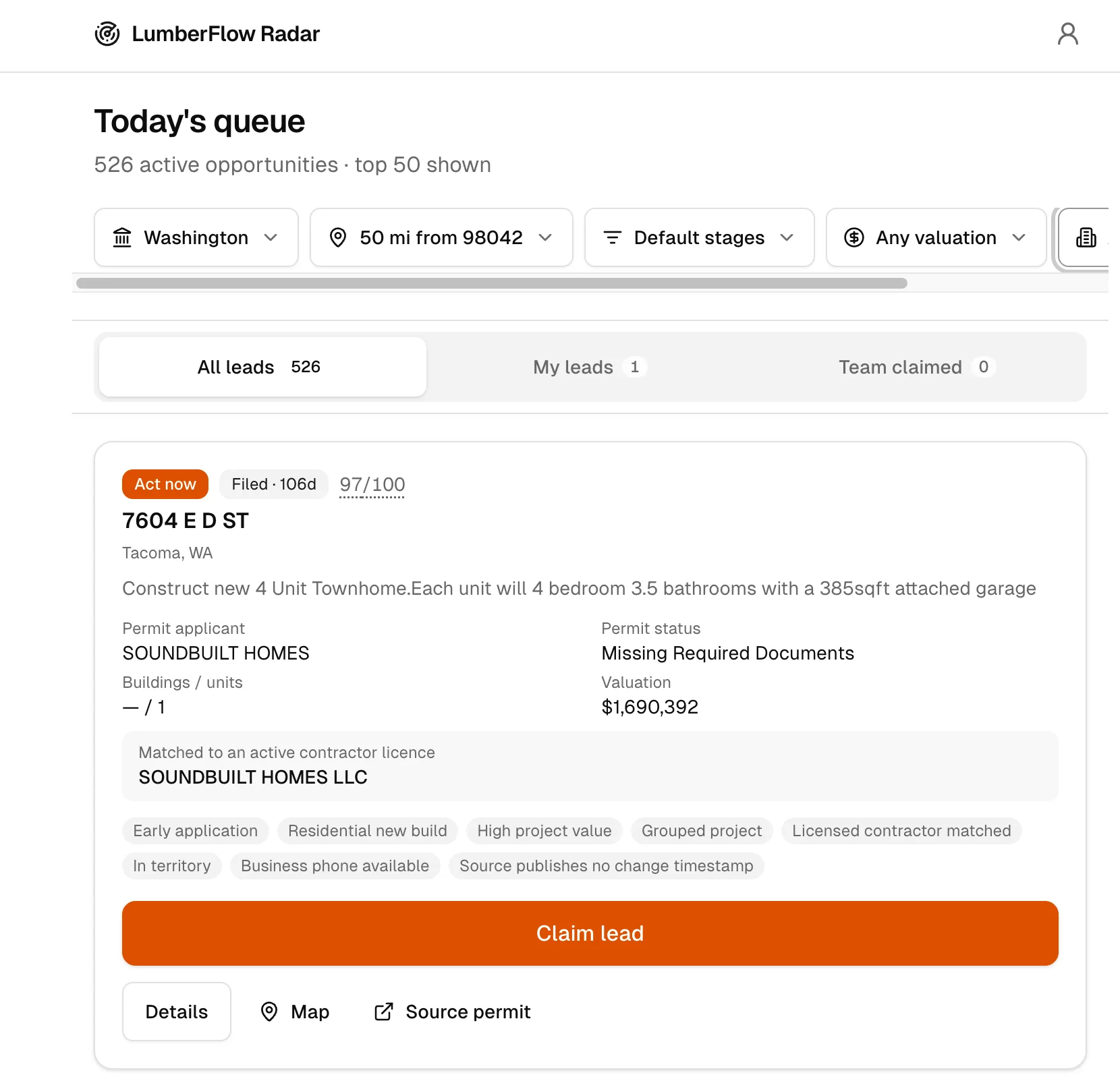 LumberFlow Radar daily project queue, showing a real opportunity from the live product