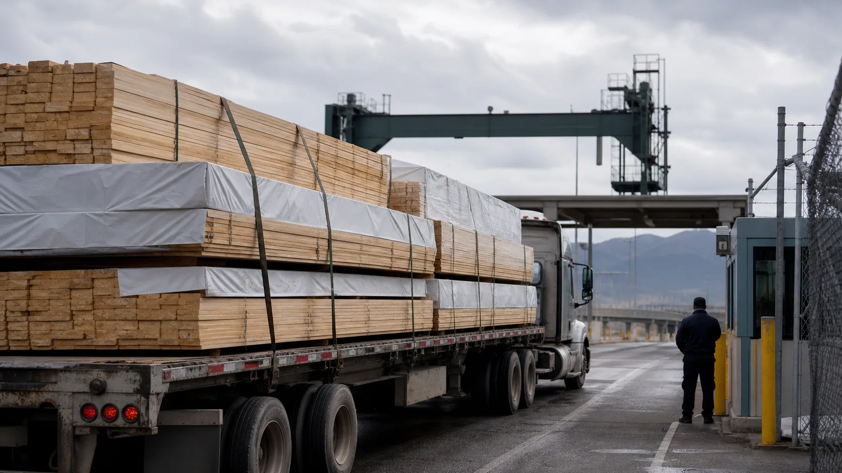 Softwood lumber bundles on a flatbed truck at a customs logistics checkpoint