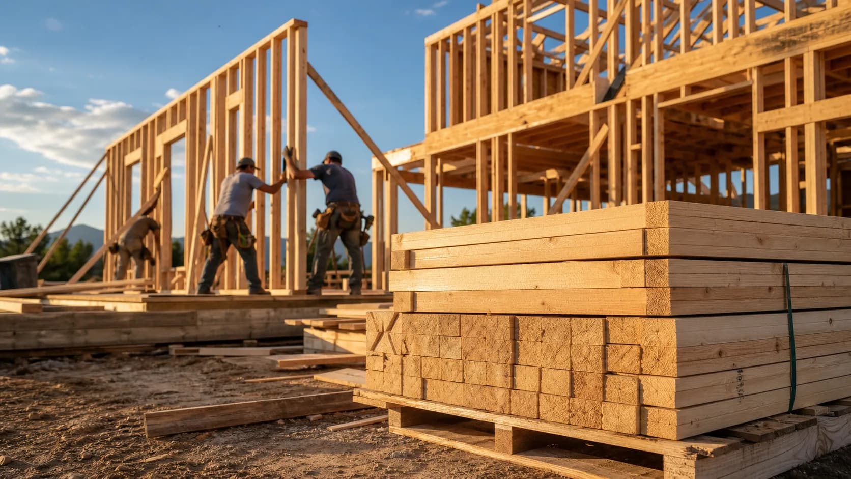 Dimensional framing lumber stacked in front of a wood-framed house under construction