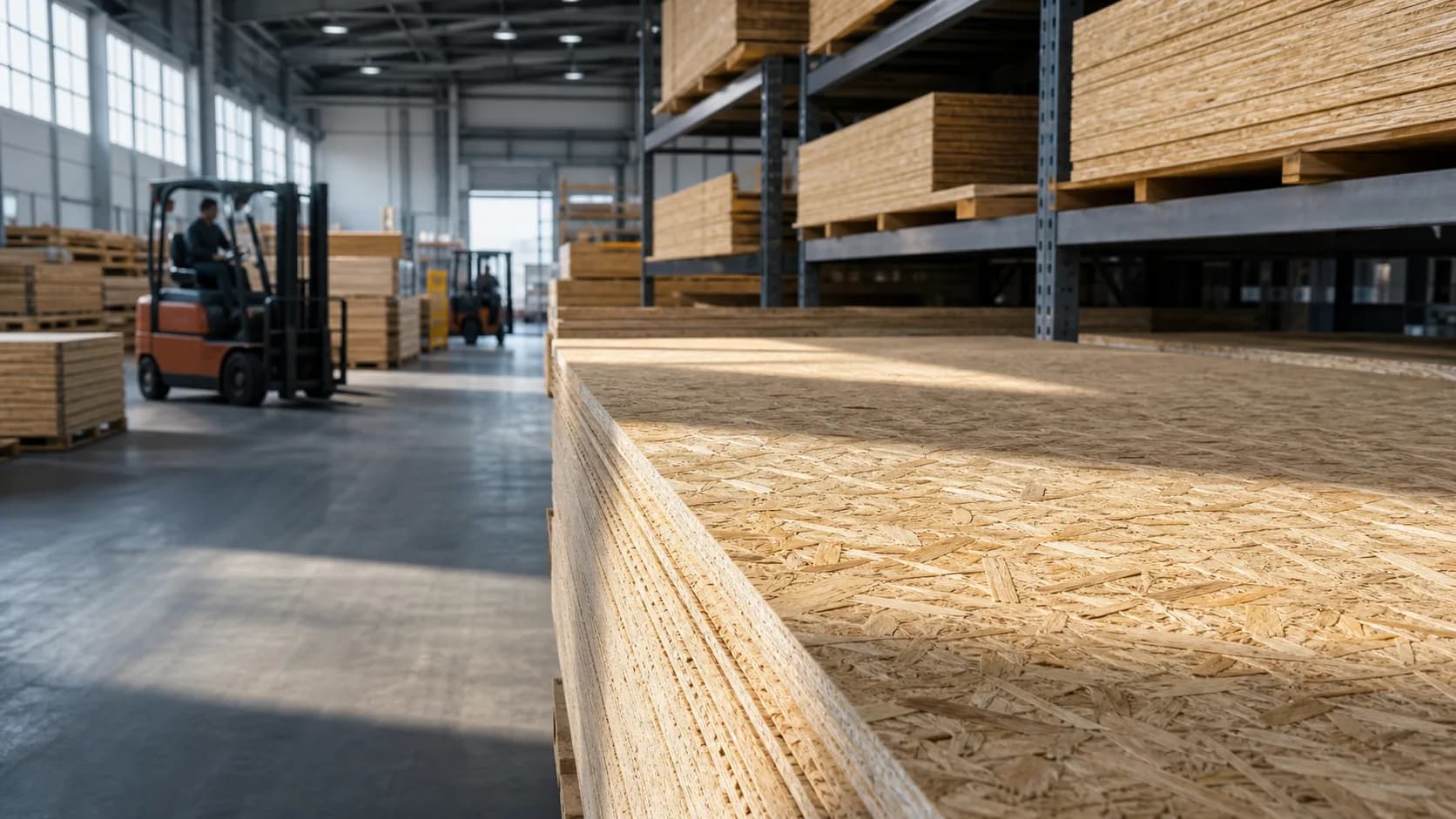 Stacks of OSB sheathing panels in a warehouse lumberyard aisle