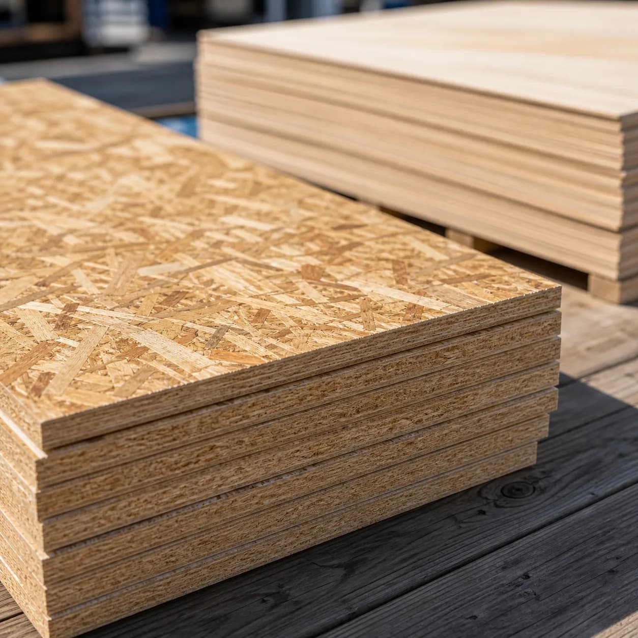 Close-up stack of OSB panels with plywood panels blurred in the background