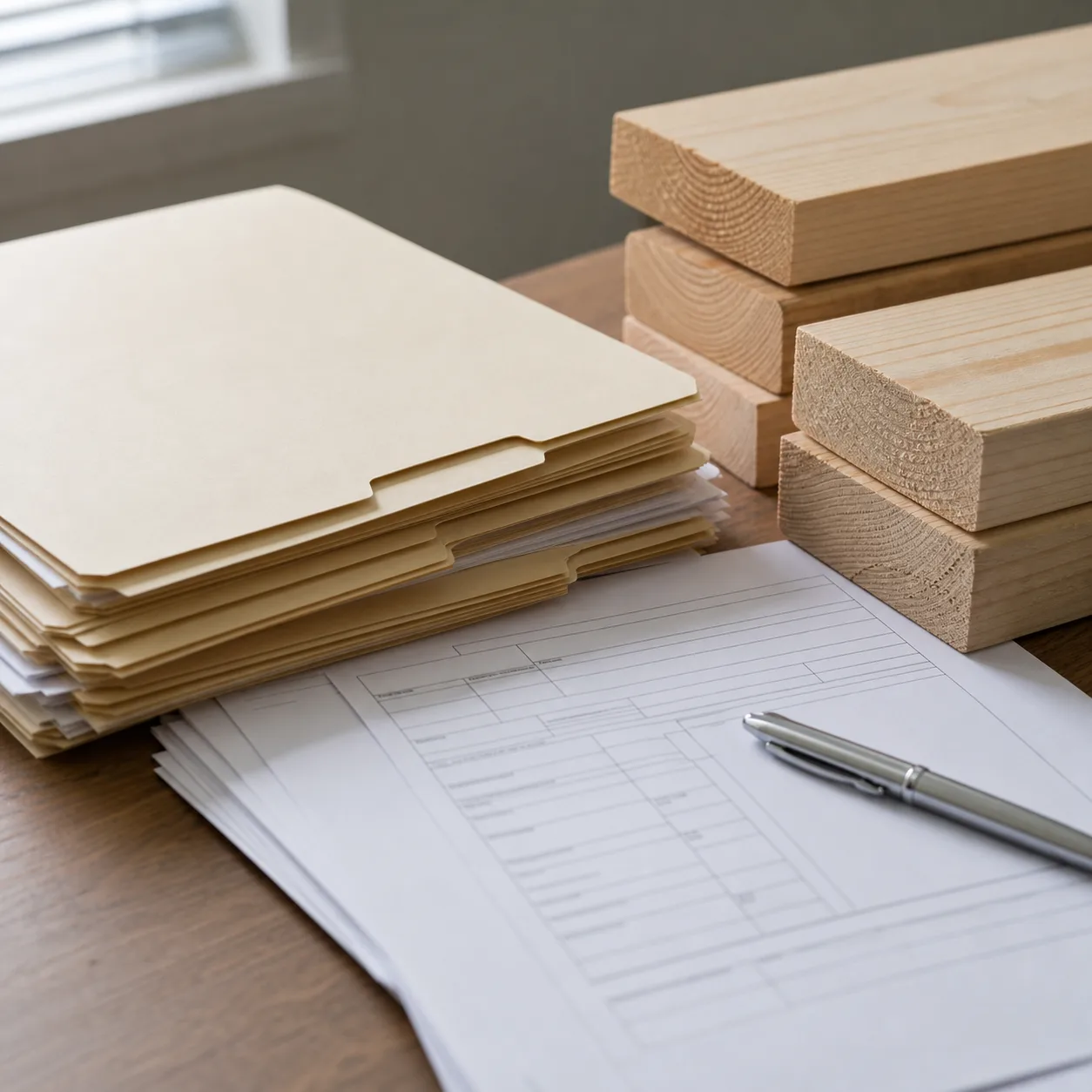 Generic trade folders and customs paperwork beside softwood lumber samples