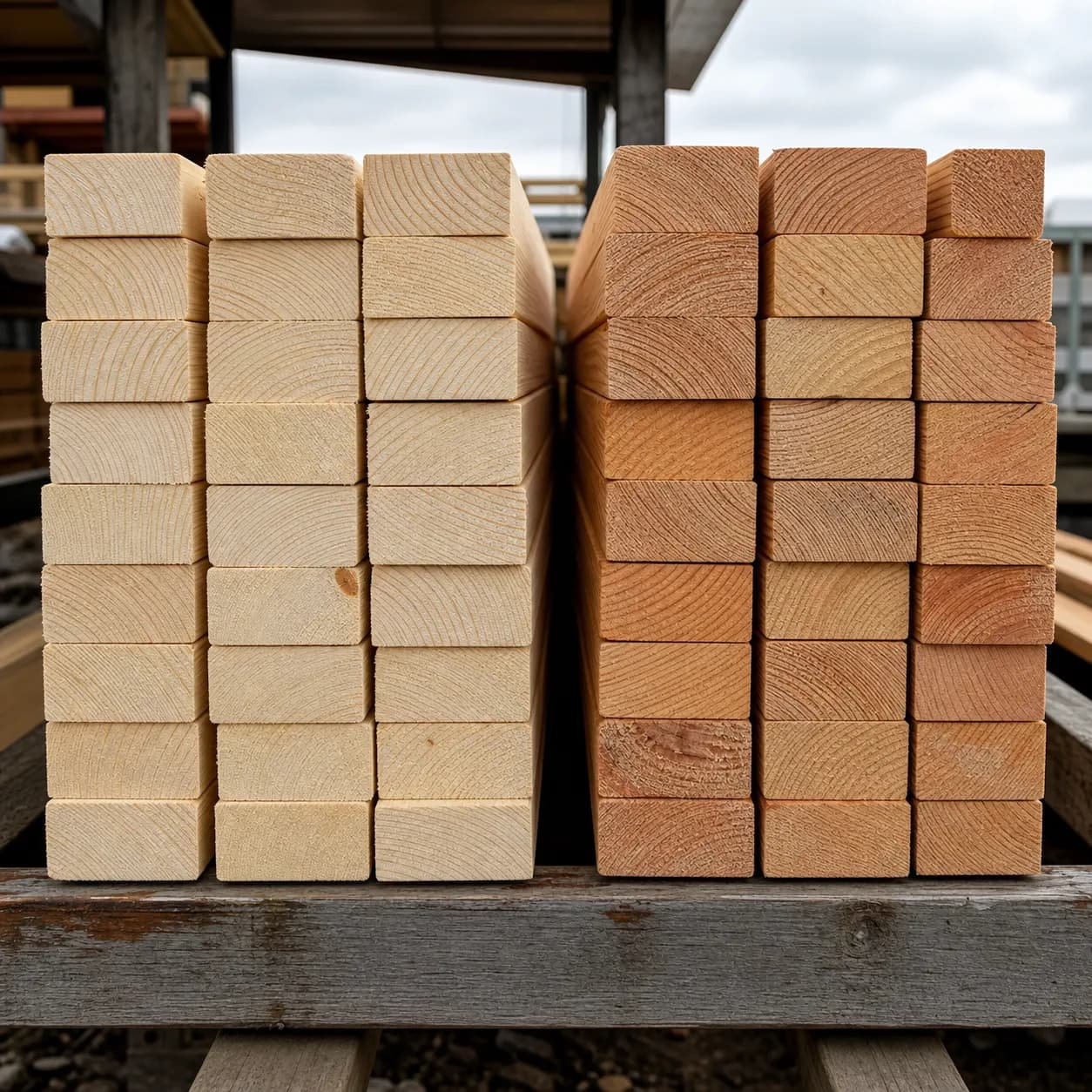 Side-by-side stacks of lighter SPF lumber and redder Southern Yellow Pine lumber