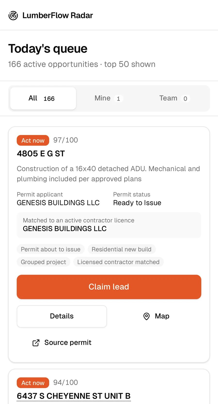 Radar daily project queue on a phone, showing All, Mine, and Team tabs and a ranked project card with permit applicant, address, and match score from public permit records