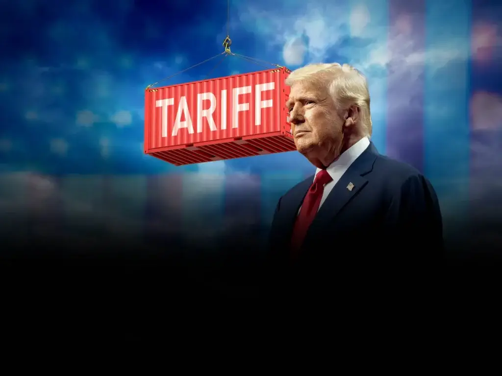 president trump with tariff slogan in the background