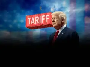 president trump with tariff slogan in the background